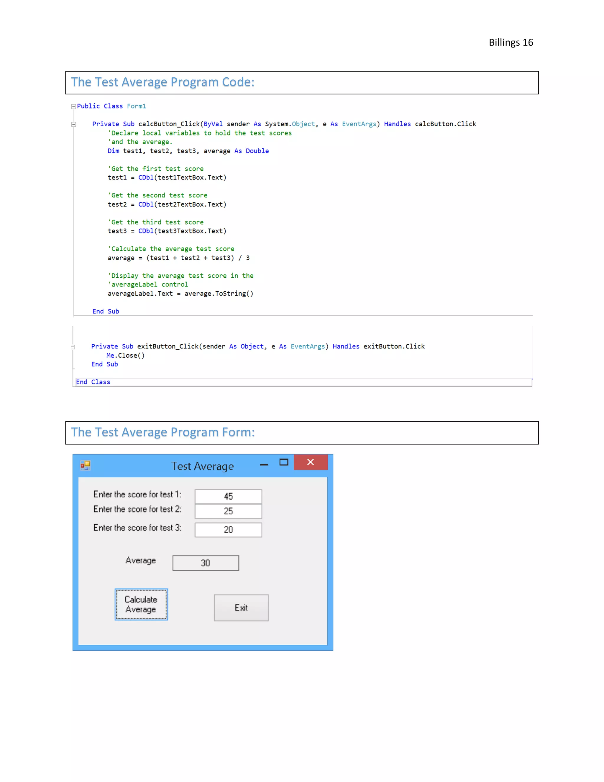 Billings 16 The Test Average Program Code: The Test Average Program Form: 