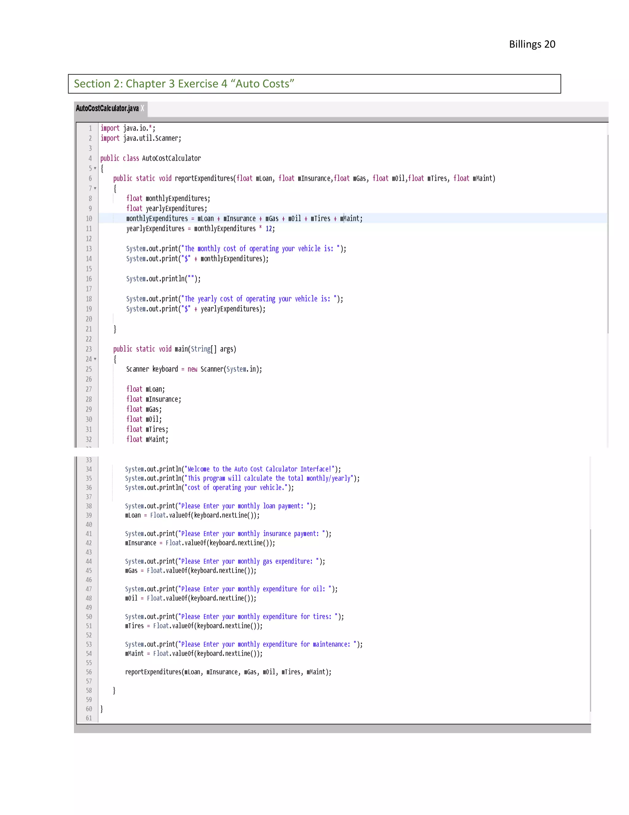 Billings 20 Section 2: Chapter 3 Exercise 4 “Auto Costs” 