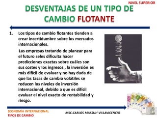 NIVEL SUPERIOR




1.   Los tipos de cambio flotantes tienden a
     crear incertidumbre sobre los mercados
     internacionales.
     Las empresas tratando de planear para
     el futuro seles dificulta hacer
     predicciones exactas sobre cuáles son
     sus costes y los ingresos , la inversión es
     más difícil de evaluar y no hay duda de
     que las tasas de cambio volátiles se
     reducen los niveles de inversión
     internacional, debido a que es difícil
     evaluar el nivel exacto de rentabilidad y
     riesgo.

ECONOMÍA INTERNACIONAL         MSC.CARLOS MASSUH VILLAVICENCIO
TIPOS DE CAMBIO
 