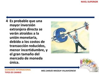 NIVEL SUPERIOR




4 Es probable que una
  mayor inversión
  extranjera directa se
  verán atraídos a la
  unión monetaria,
  debido a los costos de
  transacción reducidos,
  menor incertidumbre, y
  el gran tamaño del
  mercado de moneda
  única.
ECONOMÍA INTERNACIONAL   MSC.CARLOS MASSUH VILLAVICENCIO
TIPOS DE CAMBIO
 