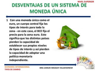 NIVEL SUPERIOR




 1 Con una moneda única como el
   euro, un cuerpo central fija los
   tipos de interés para toda la
   zona - en este caso, el BCE fija el
   precio para la zona euro. Esto
   significa que los distintos países
   pierden la capacidad de
   establecer sus propios niveles
   de tipos de interés y así pierden
   la capacidad de adoptar una
   política monetaria
   independiente.

ECONOMÍA INTERNACIONAL       MSC.CARLOS MASSUH VILLAVICENCIO
TIPOS DE CAMBIO
 