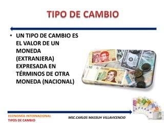 • UN TIPO DE CAMBIO ES
  EL VALOR DE UN
  MONEDA
  (EXTRANJERA)
  EXPRESADA EN
  TÉRMINOS DE OTRA
  MONEDA (NACIONAL)




ECONOMÍA INTERNACIONAL   MSC.CARLOS MASSUH VILLAVICENCIO
TIPOS DE CAMBIO
 