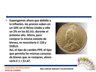 • Supongamos ahora que debido a
  la inflación, los precios suben en
  un 10% en el Reino Unido y sólo
  un 2% en los EE.UU. durante el
  próximo año. Ahora, para
  comprar la misma canasta de
  bienes, se necesitaría £ 110 y
  $183,6.
  Así, el tipo de cambio PPP, el tipo
  que permita las mismas canastas
  de bienes que se compran, ahora
  sería £ 1 = $1.67.

ECONOMÍA INTERNACIONAL     MSC.CARLOS MASSUH VILLAVICENCIO
TIPOS DE CAMBIO
 