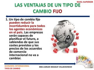 NIVEL SUPERIOR




1. Un tipo de cambio fijo
   pueden reducir la
   incertidumbre para todos
   los agentes económicos
   en el país. Las empresas
   serán capaces de
   planificar el futuro, a
   sabiendas de que sus
   costes previstos y los
   precios de los acuerdos
   de comercio
   internacional no va a
   cambiar.

ECONOMÍA INTERNACIONAL   MSC.CARLOS MASSUH VILLAVICENCIO
TIPOS DE CAMBIO
 