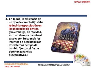 NIVEL SUPERIOR




3. En teoría, la existencia de
   un tipo de cambio fijo debe
   reducir la especulación en
   los mercados de divisas.
   (Sin embargo, en realidad,
   esto no siempre ha sido el
   caso y, con frecuencia los
   intentos de desestabilizar
   los sistemas de tipo de
   cambio fijo con el fin de
   obtener ganancias
   especulativas.)

ECONOMÍA INTERNACIONAL   MSC.CARLOS MASSUH VILLAVICENCIO
TIPOS DE CAMBIO
 