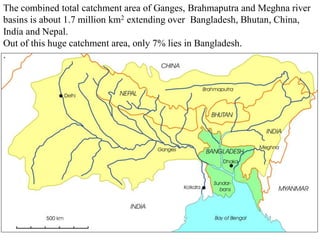 The combined total catchment area of Ganges, Brahmaputra and Meghna river
basins is about 1.7 million km2 extending over Bangladesh, Bhutan, China,
India and Nepal.
Out of this huge catchment area, only 7% lies in Bangladesh.
.
 