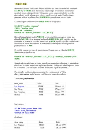 Hasta ahora, hemos visto cómo obtener datos de una tabla utilizando los comandos
SELECT y WHERE. Con frecuencia, sin embargo, necesitamos enumerar el
resultado en un orden particular. Esto podría ser en orden ascendente, en orden
descendente, o podría basarse en valores numéricos o de texto. En tales casos,
podemos utilizar la palabra clave ORDER BY para alcanzar nuestra meta.
La sintaxis para una instrucción ORDER BY es la siguiente:
SELECT "nombre_columna"
FROM "nombre_tabla"
[WHERE "condición"]
ORDER BY "nombre_columna" [ASC, DESC]
[] significa que la instrucción WHERE es opcional. Sin embargo, si existe una
cláusula WHERE, viene antes de la cláusula ORDER BY ASC significa que los
resultados se mostrarán en orden ascendente, y DESC significa que los resultados se
mostrarán en orden descendente. Si no se especifica ninguno, la configuración
predeterminada es ASC.
Es posible ordenar por más de una columna. En este caso, la cláusula ORDER
BYanterior se convierte en
ORDER BY "nombre1_columna" [ASC, DESC], "nombre2_columna" [ASC,
DESC]
Suponiendo que elegimos un orden ascendente para ambas columnas, el resultado se
clasificará en orden ascendente según la columna 1. Si hay una relación para el valor
de la columna 1, se clasificará en orden ascendente según la columna 2.
Por ejemplo, podríamos desear enumerar los contenidos de la Tabla
Store_Information según la suma en dólares, en orden descendente:
Tabla Store_Information
store_name Sales Date
Los Angeles 1500 € 05-Jan-1999
San Diego 250 € 07-Jan-1999
San Francisco 300 € 08-Jan-1999
Boston 700 € 08-Jan-1999
Ingresamos,
SELECT store_name, Sales, Date
FROM Store_Information
ORDER BY Sales DESC
Resultado:
store_name Sales Date
Los Angeles 1500 € 05-Jan-1999
Boston 700 € 08-Jan-1999
 