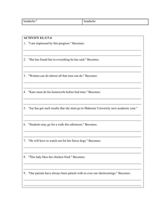 headache. headache.
ACTIVITY EL/1/7-4
1. I am impressed by this progress. Becomes:
___________________________________________________________________________
___________________________________________________________________________
2. She has found fun in everything he has said. Becomes.
___________________________________________________________________________
___________________________________________________________________________
3. Women can do almost all that men can do. Becomes:
___________________________________________________________________________
___________________________________________________________________________
4. Kato must do his homework before bed time. Becomes:
___________________________________________________________________________
___________________________________________________________________________
5. Joy has got such results that she must go to Makerere University next academic year.
___________________________________________________________________________
___________________________________________________________________________
6. Students may go for a walk this afternoon. Becomes:
___________________________________________________________________________
___________________________________________________________________________
7. He will have to watch out for her fierce dogs. Becomes:
___________________________________________________________________________
___________________________________________________________________________
8. This lady likes her chicken fried. Becomes:
___________________________________________________________________________
___________________________________________________________________________
9. Our parents have always been patient with us over our shortcomings. Becomes:
___________________________________________________________________________
___________________________________________________________________________
 