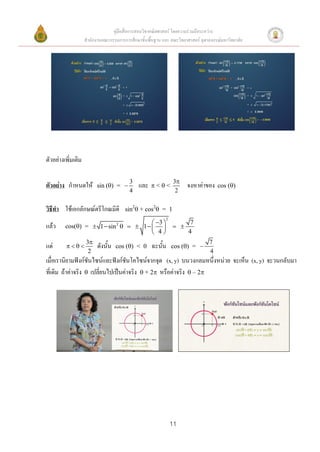 คู่มือสื่อการสอนวิชาคณิตศาสตร์ โดยความร่วมมือระหว่าง
                    สานักงานคณะกรรมการการศึกษาขั้นพื้นฐาน และ คณะวิทยาศาสตร์ จุฬาลงกรณ์มหาวิทยาลัย




ตัวอย่างเพิ่มเติม

                                          3                      3
ตัวอย่าง กาหนดให้         sin () =          และ    <<             จงหาค่าของ     cos ()
                                          4                       2

วิธีทา ใช้เอกลักษณ์ตรีโกณมิติ           sin2 + cos2 = 1

                                       3 
                                                            2
                                                                        7
แล้ว     cos() =  1  sin    1   
                                    2
                                                                 
                                       4                             4
                    3                                                           7
แต่                   ดังนั้น   cos () < 0      ฉะนั้น     cos () = 
                     2                                                           4
เมื่อเรานิยามฟังก์ชันไซน์และฟังก์ชันโคไซน์จากจุด (x, y) บนวงกลมหนึ่งหน่วย จะเห็น (x, y) จะวนกลับมา
ที่เดิม ถ้าค่าจริง  เปลี่ยนไปเป็นค่าจริง  + 2 หรือค่าจริง  – 2




                                                                11
 