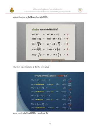 คู่มือสื่อการสอนวิชาคณิตศาสตร์ โดยความร่วมมือระหว่าง
                สานักงานคณะกรรมการการศึกษาขั้นพื้นฐาน และ คณะวิทยาศาสตร์ จุฬาลงกรณ์มหาวิทยาลัย


แต่ก่อนอื่นเรามาหาค่าฟังก์ชันจากตัวอย่างต่อไปนี้กัน




ฟังก์ชันตรีโกณมิติที่เหลืออีก 4 ฟังก์ชัน จะนิยามดังนี้




และหาเอกลักษณ์ตรีโกณมิติได้อีก 2 เอกลักษณ์ คือ



                                                          14
 