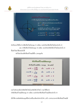 คู่มือสื่อการสอนวิชาคณิตศาสตร์ โดยความร่วมมือระหว่าง
                สานักงานคณะกรรมการการศึกษาขั้นพื้นฐาน และ คณะวิทยาศาสตร์ จุฬาลงกรณ์มหาวิทยาลัย




นักเรียนจะได้เห็นว่า ค่าฟังก์ชันไซน์ของมุม  เรเดียน จะเท่ากับค่าฟังก์ชันไซน์ของค่าจริง 
               และ ค่าฟังก์ชันโคไซน์ของมุม  เรเดียน จะเท่ากับค่าฟังก์ชันโคไซน์ของค่าจริง        
ซึ่งต่อไปจะใช้แทนกันได้
         ต่อไปจะนิยามฟังก์ชันตรีโกณมิติอื่น ๆ ของมุมกัน




และในทานองเดียวกับฟังก์ชันไซน์และฟังก์ชันโคไซน์ เราจะได้ด้วยว่า
ค่าฟังก์ชันตรีโกณมิติของมุม  เรเดียน จะเท่ากับค่าฟังก์ชันตรีโกณมิติของค่าจริง            


เมื่อได้ความสัมพันธ์ของมุมที่มีหน่วยเป็นเรเดียนกับค่าจริงใด ๆ แล้ว เราสามารถหาค่าฟังก์ชันตรีโกณมิติ
                                                          17
 