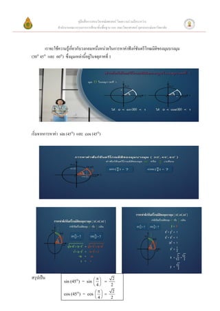 คู่มือสื่อการสอนวิชาคณิตศาสตร์ โดยความร่วมมือระหว่าง
                   สานักงานคณะกรรมการการศึกษาขั้นพื้นฐาน และ คณะวิทยาศาสตร์ จุฬาลงกรณ์มหาวิทยาลัย



        เราจะใช้ความรู้เกี่ยวกับวงกลมหนึ่งหน่วยในการหาค่าฟังก์ชันตรีโกณมิติของมุมบางมุม
(30 45 และ 60) ซึ่งมุมเหล่านี้อยู่ในจตุภาคที่ 1




เริ่มจากการหาค่า    sin (45)   และ   cos (45)




สรุปเป็น                                 
                       sin (45) = sin   
                                              2
                                        
                                       4   2
                                          
                       cos (45) = cos   
                                         
                                              2              22
                                        4  2
 
