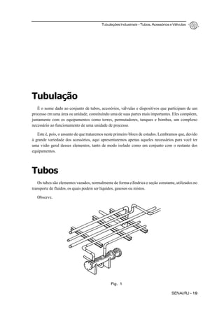 Tubulações Industriais – Tubos, Acessórios e Válvulas
SENAI/RJ - 19
Tubulação
É o nome dado ao conjunto de tubos, acessórios, válvulas e dispositivos que participam de um
processo em uma área ou unidade, constituindo uma de suas partes mais importantes. Eles compõem,
juntamente com os equipamentos como torres, permutadores, tanques e bombas, um complexo
necessário ao funcionamento de uma unidade de processo.
Este é, pois, o assunto de que trataremos neste primeiro bloco de estudos. Lembramos que, devido
à grande variedade dos acessórios, aqui apresentaremos apenas aqueles necessários para você ter
uma visão geral desses elementos, tanto de modo isolado como em conjunto com o restante dos
equipamentos.
Tubos
Os tubos são elementos vazados, normalmente de forma cilíndrica e seção constante, utilizados no
transporte de fluidos, os quais podem ser líquidos, gasosos ou mistos.
Observe.
Fig. 1
 