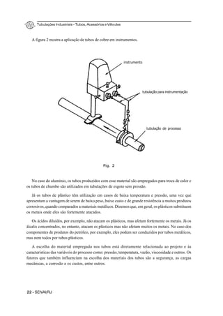 Tubulações Industriais – Tubos, Acessórios e Válvulas
22 - SENAI/RJ
A figura 2 mostra a aplicação de tubos de cobre em instrumentos.
No caso do alumínio, os tubos produzidos com esse material são empregados para troca de calor e
os tubos de chumbo são utilizados em tubulações de esgoto sem pressão.
Já os tubos de plástico têm utilização em casos de baixa temperatura e pressão, uma vez que
apresentam a vantagem de serem de baixo peso, baixo custo e de grande resistência a muitos produtos
corrosivos, quando comparados a materiais metálicos. Dizemos que, em geral, os plásticos substituem
os metais onde eles são fortemente atacados.
Os ácidos diluídos, por exemplo, não atacam os plásticos, mas afetam fortemente os metais. Já os
álcalis concentrados, no entanto, atacam os plásticos mas não afetam muitos os metais. No caso dos
componentes de produtos do petróleo, por exemplo, eles podem ser conduzidos por tubos metálicos,
mas nem todos por tubos plásticos.
A escolha do material empregado nos tubos está diretamente relacionada ao projeto e às
características das variáveis do processo como: pressão, temperatura, vazão, viscosidade e outros. Os
fatores que também influenciam na escolha dos materiais dos tubos são a segurança, as cargas
mecânicas, a corrosão e os custos, entre outros.
Fig. 2
instrumento
tubulação para instrumentação
tubulação de processo
 