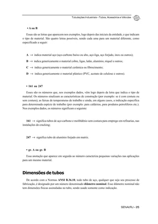 Tubulações Industriais – Tubos, Acessórios e Válvulas
SENAI/RJ - 25
• A ou B
Essas são as letras que aparecem nos exemplos, logo depois das iniciais da entidade, e que indicam
o tipo de material. São quatro letras possíveis, sendo cada uma para um material diferente, como
especificado a seguir:
A → indica material aço (aço-carbono baixo ou alto, aço-liga, aço forjado, inox ou outros);
B → indica genericamente o material cobre, ligas, latão, alumínio, níquel e outros;
C → indica genericamente o material cerâmica ou fibrocimento;
D → indica genericamente o material plástico (PVC, acetato de celulose e outros).
• 161 ou 247
Esses são os números que, nos exemplos dados, vêm logo depois da letra que indica o tipo de
material. Os números sinalizam as características de construção (por exemplo: se é com costura ou
sem costura), as faixas de temperaturas de trabalho e ainda, em alguns casos, a indicação específica
para determinada espécie de trabalho (por exemplo: para caldeiras, para produtos petrolíferos etc.).
Nos exemplos dados, os números significam o seguinte:
161 → significa tubos de aço-carbono e molibdênio sem costura para emprego em refinarias, nas
instalações do cracking;
247 → significa tubo de alumínio forjado em matriz.
• gr. A ou gr. B
Essa anotação que aparece em seguida ao número caracteriza pequenas variações nas aplicações
para um mesmo material.
Dimensões de tubos
De acordo com a Normas ANSI B.36.10, todo tubo de aço, qualquer que seja seu processo de
fabricação, é designado por um número denominado diâmetro nominal. Esse diâmetro nominal não
tem dimensões físicas assinaladas no tubo, sendo usado somente como indicação.
 