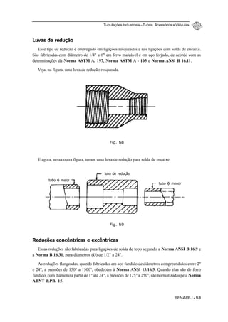 Tubulações Industriais – Tubos, Acessórios e Válvulas
SENAI/RJ - 53
Luvas de redução
Esse tipo de redução é empregado em ligações rosqueadas e nas ligações com solda de encaixe.
São fabricadas com diâmetro de 1/4" a 6" em ferro maleável e em aço forjado, de acordo com as
determinações da Norma ASTM A. 197, Norma ASTM A - 105 e Norma ANSI B 16.11.
Veja, na figura, uma luva de redução rosqueada.
E agora, nessa outra figura, temos uma luva de redução para solda de encaixe.
Reduções concêntricas e excêntricas
Essas reduções são fabricadas para ligações de solda de topo segundo a Norma ANSI B 16.9 e
a Norma B 16.31, para diâmetros (Ø) de 1/2" a 24".
As reduções flangeadas, quando fabricadas em aço fundido de diâmetros compreendidos entre 2"
e 24", a pressões de 150° a 1500°, obedecem à Norma ANSI 13.16.5. Quando elas são de ferro
fundido, com diâmetro a partir de 1" até 24", a pressões de 125° a 250°, são normatizadas pela Norma
ABNT P.PB. 15.
Fig. 58
Fig. 59
tubo φ menor
luva de redução
tubo φ maior
 