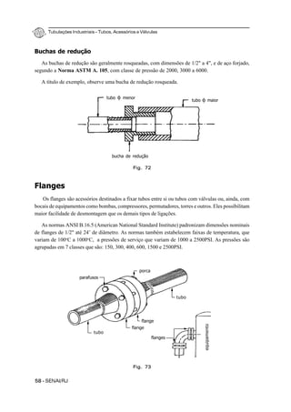Tubulações Industriais – Tubos, Acessórios e Válvulas
58 - SENAI/RJ
Buchas de redução
As buchas de redução são geralmente rosqueadas, com dimensões de 1/2" a 4", e de aço forjado,
segundo a Norma ASTM A. 105, com classe de pressão de 2000, 3000 a 6000.
A título de exemplo, observe uma bucha de redução rosqueada.
Flanges
Os flanges são acessórios destinados a fixar tubos entre si ou tubos com válvulas ou, ainda, com
bocais de equipamentos como bombas, compressores, permutadores, torres e outros. Eles possibilitam
maior facilidade de desmontagem que os demais tipos de ligações.
As normas ANSI B.16.5 (American National Standard Institute) padronizam dimensões nominais
de flanges de 1/2" até 24’ de diâmetro. As normas também estabelecem faixas de temperatura, que
variam de 100o
C a 1000o
C, a pressões de serviço que variam de 1000 a 2500PSI. As pressões são
agrupadas em 7 classes que são: 150, 300, 400, 600, 1500 e 2500PSI.
Fig. 72
tubo φ menor
tubo φ maior
bucha de redução
Fig. 73
parafusos
porca
tubo
tubo
flanges
equipamento
flange
flange
 