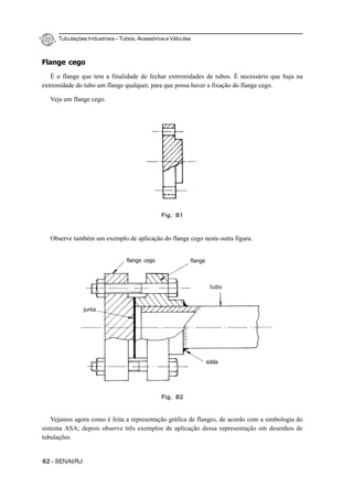 Tubulações Industriais – Tubos, Acessórios e Válvulas
62 - SENAI/RJ
Flange cego
É o flange que tem a finalidade de fechar extremidades de tubos. É necessário que haja na
extremidade do tubo um flange qualquer, para que possa haver a fixação do flange cego.
Veja um flange cego.
Observe também um exemplo de aplicação do flange cego nesta outra figura.
Vejamos agora como é feita a representação gráfica de flanges, de acordo com a simbologia do
sistema ASA; depois observe três exemplos de aplicação dessa representação em desenhos de
tubulações.
Fig. 81
solda
Fig. 82
tubo
flangeflange cego
junta
 