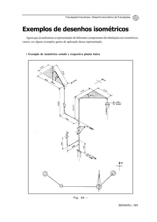 Tubulações Industriais – Desenho Isométrico de Tubulações
SENAI/RJ - 101
Exemplos de desenhos isométricos
Agora que já analisamos a representação de diferentes componentes de tubulações em isométricos,
vamos ver alguns exemplos gerais de aplicação dessa representação.
• Exemplo de isométrico cotado e respectiva planta baixa
Fig. 34 –
 