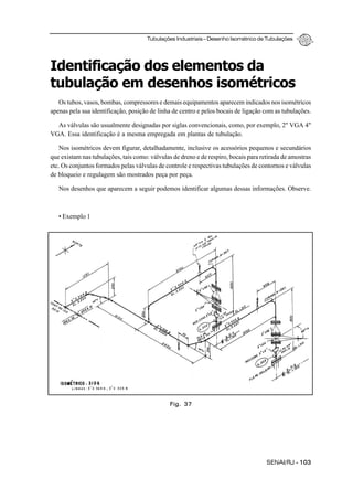 Tubulações Industriais – Desenho Isométrico de Tubulações
SENAI/RJ - 103
Identificação dos elementos da
tubulação em desenhos isométricos
Os tubos, vasos, bombas, compressores e demais equipamentos aparecem indicados nos isométricos
apenas pela sua identificação, posição de linha de centro e pelos bocais de ligação com as tubulações.
As válvulas são usualmente designadas por siglas convencionais, como, por exemplo, 2" VGA 4"
VGA. Essa identificação é a mesma empregada em plantas de tubulação.
Nos isométricos devem figurar, detalhadamente, inclusive os acessórios pequenos e secundários
que existam nas tubulações, tais como: válvulas de dreno e de respiro, bocais para retirada de amostras
etc. Os conjuntos formados pelas válvulas de controle e respectivas tubulações de contornos e válvulas
de bloqueio e regulagem são mostrados peça por peça.
Nos desenhos que aparecem a seguir podemos identificar algumas dessas informações. Observe.
• Exemplo 1
Fig. 37
 