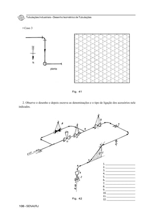 Tubulações Industriais – Desenho Isométrico de Tubulações
106 - SENAI/RJ
• Caso 3
2. Observe o desenho e depois escreva as denominações e o tipo de ligação dos acessórios nele
indicados.
Fig. 41
Fig. 42
planta
N
1. _______________________
2. _______________________
3. _______________________
4. _______________________
5. _______________________
6. _______________________
7. _______________________
8. _______________________
9. _______________________
10. ______________________
11. ______________________
12. ______________________
 