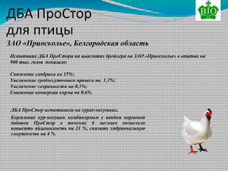 ДБА ПроСтор
для птицы
Испытание ДБА ПроСтора на цыплятах бройлера на ЗАО «Приосколье» в опытах на
900 тыс. голов показало:
Снижение санбрака на 15%;
Увеличение среднесуточного привеса на 1,3%;
Увеличение сохранности на 0,3%;
Снижение конверсии корма на 0,6%.
ЗАО «Приосколье», Белгородская область
ДБА ПроСтор испытывали на курах-несушках.
Кормление кур-несушек комбикормом с вводом кормовой
добавки ПроСтор в течение 6 месяцев позволило
повысить яйценоскость на 21 %, снизить эмбриональную
смертность на 4 %.
 