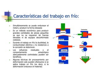 Características del trabajo en frío:
 Simultáneamente se puede endurecer el
metal y producir la forma deseada
 Es un método económico para producir
grandes cantidades de piezas pequeñas
ya que no se requieren de fuerzas
elevadas ni de equipos deconformado
costosos.
 Durante el trabajo en frío la ductilidad, la
conductividad eléctrica y la resistencia a
la corrosión se deterioran.
 Los esfuerzos residuales y el
comportamiento anisotrópico
adecuadamente controlados pueden ser
benéficos.
 Algunas técnicas de procesamiento por
deformación solo pueden efectuarse si se
aplica trabajo en frío (es decir, si la
deformación endurece el material)
 