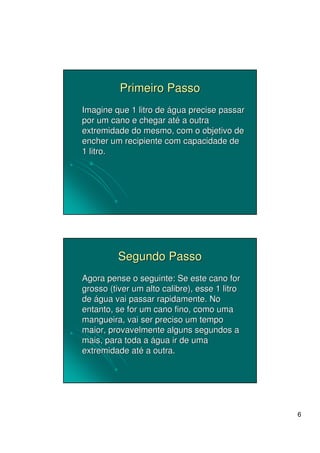 Primeiro Passo
Imagine que 1 litro de água precise passar
por um cano e chegar até a outra
extremidade do mesmo, com o objetivo de
encher um recipiente com capacidade de
1 litro.




          Segundo Passo
Agora pense o seguinte: Se este cano for
grosso (tiver um alto calibre), esse 1 litro
de água vai passar rapidamente. No
entanto, se for um cano fino, como uma
mangueira, vai ser preciso um tempo
maior, provavelmente alguns segundos a
mais, para toda a água ir de uma
extremidade até a outra.




                                               6
 