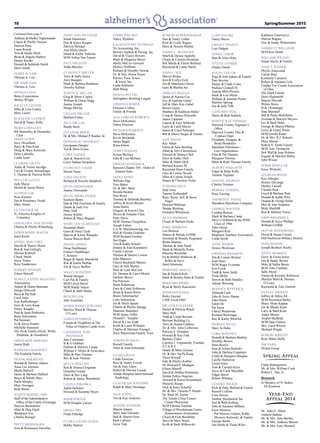 Spring/Summer 201510
Anthony & Shelley Nighswander
Claren & Phyllis Osmun
Patricia Peter
Laura Roach
Tom & Sandy Sholl
Brian & Angela Slattery
Donna Snyder
Donald & Rebekah Smith
Doris Smith
JAMES W. LEIS
Thomas A. Leis
DR. JOHN LEIS
Thomas A. Leis
MYRNA LEITE
Betco Corporation
Shirley Wright
JOCELYN LESTER
Mike & Lisa Conley
Mary Lester
ROZALINE LEVISON
David & Nancy Kelly
HERB LEWELLEN
RR Donnelley & Donnelley
Club
MARY LEWIS
Jerry Drouillard
Barry & Pam Klatt
Doug & Mary Kulwicki
Deby Laberdie
Linda Tyner
CLARINE LIETTE
Teddy & Teresa Savidge
Carl & Connie Simindinger
J. Thomas & Theresa Wolfe
PHYLLIS LLOYD
Judy Mayes
Martin & Susan Shirey
ALFRED LOE
Rose Kenney
Jim & Rosemary Vestal
Mary Vestal
ED LOESSER SR.
St. Aloysius Knights of
Columbus
GERALDINE MACADAMS
Charles & Phyllis Wittenberg
DORIS MARIE MACON
Janet Keefe
MYREL MALLORY
Harold & Sharon Bosse
Ron & Jean Gillogly
Maxine Kidwell
Chuck Smith
Joyce Tettau
Rose Vanderveer
ROBERT MANOFF
Eileen Manoff
REBECCAANNE McDANIEL
Anonymous
Hubert & Diann Bateman
Margo Dilworth
Buzz & Pat Hull
Carol Jutte
Ivan Kaffenberger
Jerry & Lorri Kaup
Nancy Knapke
Paul & Janet Pottkotter
Betty Schoenlein
Pat Sommer
Al & Joyce Souder
Michelle Stammen
The Zook Family (Zook, Wolfe,
Hindman, & Goodman)
GERALDINE McKARN
Junior Rath
BARBARA McKINNEY
The Szuberla Family
FRANK McKIRNAN
Ronald & Darlene Adams
Anna Lee Amstutz
Sheila Baltzell
James & Barbara Dabbelt
Bruce & Mindy Hays
Paula Murphy
Mary Swonger
Beth Weber
JUDITH McPHILLAMY
Staff of the Administrative
Office of the Courts of Georgia
Patricia Buonodono
Mike & Meg Flack
Wendolyn Fox
Charles Rainger
PATTY MESSENGER
Tom & Rosemarie Deschler
MARYANN METZGER
Susan Hammons
Pete & Karen Kasper
Patricia Metzger
Ann Marie Quinn
Irland & Kathy Tashima
M/M Arthur Van Tuinen
PAUL MIEZITIS
Valda Miezitis
CLARENCE MILLER
Terry & Sally Amos
Amy Beaupre
Mark & Barbara Bushman
Dorothy Kubiak
JUDITH A. MILLER
Greg & Sherri Copley
William & Diane Dagg
Jeanne Joseph
Marge McGue
LILLIAN MILLER
Barbara Fisher
PAUL MILLER
Randy Beck
ELEANOR MOCK
Dr. & Mrs. Michael P. Roetter, Sr.
DONNALOU MYGRANT
Georgiana Dangler
Ted & Doris Evans
CORA NAPIER
Jack & Sharon Croy
Carol Nadine Stropshire
FLORENCE NASSR
Martin Nassr
EDNA NELSON
Richard & Beverly Bradford
DEAN NISWANDER
Joanne Niswander
IRETA OBERLANDER
Kayleen Beam
Dan & Deb Feichtner & Family
Duane & Judy Fox
Patty Neff
Dessie Schifer
Robert & Mary Wagner
MARY LOU OLMSTEAD
Suzannah Beals
Gene & Flora Clyde
Marvin & Karen Wampler
Treesa Weaver-Rich
FRANK ORDEZ
Doug Hashbarger
Frances Hashbarger
E. Knueve
Roger & Sandy Mansfield
Ron & Karen Steffan
Jim & Joyce Steffen
MALCUM PATTON
Wanda Morgan
Carl Poe & Family
M/M Lloyd Salyer
M/M Randy Salyer
Chuck & Barb Sattler
RITA PELLEK
John Eisenhart
MARIE WISECUP PETERS
Marilyn Ward & Thomas
O’Leary
JAMES PETERSON
Friends & Neighbors at The
Villas of Ontario Condo Assn.
CATHERINE JUNE
PHENEGER
Jane Cammann
B & G Gebhart
Delmar & Marilyn Laupp
William F. Miller & Associates
Mike & Pam Thaman
Rex & Jean Thomas
BETTY PHILLIPS
Ron & Donna Clingman
Donelda Conrad
Dave & Bev Lang
Robert & Janice Warmbrod
LASZLO PIROSKA
Judith DeSanto
Howard & Suzanne Myers
BARB PORTER
M/M Douglas Caryer
MINDA PRY
Freda Eldridge
CLARA LOUISE QUIGG
Bobby Hartsel
TERRY RACZKO
Nancy Slykhuis
KATHLEEN RECTENWALD
5G Accounting, Inc.
Bowers Asphalt & Paving, Inc.
David & Tracey Bowers
Mark & Meganne Boyer
Shelly McCoy Grissom
Mickey Hoffman
Richard & Dorothy Nowak
Dr. & Mrs. Hosea Payne
Rayner, Foos, Kruse,
& Irwin, Inc.
Linda Schlicher
Beth Wong
DONNA RETTIG
Starlighters Bowling League
VIRGINIA RISSER
Florence Collins
Family & Friends
ADA LOREAN ROBERTS
Steve McKenney
Debra Peterson
RICHARD ROBERTS
Steve McKenney
Kevin McQuade
James Nagel
Rona Simon
TERRY ROGERS
JoAnn McNary
John & Lisa McNary
ERMAJEAN ROMICK
Rawson Chapter 550 - Order of
Eastern Stars
JANET ROWE
William Alge
Troy Baker
Dr. & Mrs. Bash
Brenda Beutler
Don Bruce
Thomas & Deborah Brumley
Jeffrey & Kristi Bryant
Anita Butler
Gregory & Karen Cline
Myron & Yolanda Cline
Patty Davis
M/M Thomas Fitzgibbon
Joseph Fulton
G.S.W. Manufacturing, Inc.
Neil & Glenda Gearhart
M/M Richard Gordon
Sue Hager
Tim & Kathy Krucki
Dennis & Joan Kummerer
Carole Lawson
Thomas & Sharon Lemon
John Malacos
Cheryl Buckland Manley
Gary & Deb Marten
Dick & Lynn McCord
Dr. Thomas & Carol Mount
Darlene Myers
Pat Peterson
Brian Robertson
Gary & Cindy Robinson
Brian & Karen Rowe
Bruno Schirmacher
Luke Schoenlein
Joe & Shelli Spears
Charlie & Phyllis Spragg
Maureen Stansbery
M/M James Tebbe
Donald C. Templin
David & Lisa Todd
Keith & Laura Williams
Charles & Mariann Younger
Zeno Wasserman Family Trust
NORMA RUSSELL
Russell Family
Allan & Joan Schroeder
GLORIA RYAN
Cinda Emerson
Russ & Nancy Everitt
Jim & Judy Gates
Robert & Theresa Lusiak
Toledo Hospital Interventional
Radiology
CLAUDE SACKSTEDER
Ralph & Mary Steinlage
JACK SAINE
Tim & Kay Andrews
JOANNE SANSOM
Sharon Adams
Mary Jane Edwards
Bud & Sharon Gose
Barb LaPoint
Joyce Yant
ROBERT SCHOONMAKER
Dan & Nancy Lollar
Rich & Cyndy Rogers
Dave & Noreen Walton
JAMES C. SEASTONE
Mitch & Denise Appleby
Chuck & Carolyn Hootman
Bill Marsh & Eileen Wolford
Raymond & Linda Vacha
JOHN C. SEE
Marvel Bruka
Ken & Evelyn Feik
Jim & Marcheta Gibson
Gary & Martha See
SHIRLEY SEEGER
James & Norma Coy
Eric & Jeanette Gabel
Jeff & Mary Kay Gabel
Bernie Guyer
Matthew & Kathleen Haller
Craig & Denise Holcomb
James Lipstraw
Lauren & Faye Milbrodt
Larry & Carol Moritz
James & Carol Scherger
Bill & Dawn Seeger & Family
NAN SHADE
Kay Ahten
Glenn & Julie Bertling
Allan & Terri Christensen
Edward & Donna Clark
Dave & Kathy Dick
Mike & Marie Dick
Bernard Kayser III
Raymond Shaw Family
Gary & Louise Sroufe
Mike & Connie Sroufe
Duane & Christine Violet
EDWARD SHUE
Judy Gray
Tammy Kirkendall
Russ, Rusty, Jeff, & Steve
Nagel
Howard Wellman
Wanda Werking
Gretchen Whetstone
ALAN SIMMONS
Chuck & Barbara Hicks
JOHN SIMMONS
Leo Brittson
Dennis & Wendy Griffith
Jeremiah & Brandy Hogeland
Roula Manton
Thomas & Julie Paule
Mark & Michelle Porter
Maurine Reynolds
Ed & Bobbie Shabnow &
Robin & Steve
Janet Simmons
DOROTHY SKELLY
Jan & Paula Kibele
Mark & Bonnie Sims & Family
BERNARD SPORE
Ryan & Molly Kanzleiter
WINIFRED STAHL
Ricky Goyner
UAW Local 1803
DR. GERALD STARK
Daniel & Patricia Beach
Mary Bell
Todd & Cinda Berman
Berman Building Co.
Terry & Donna Cadmus
Dr. & Mrs. John Culberson
Patricia A. Donahue
Howard & Kay Fink
Barbara Fisher
Carolyn J. Frigmanski, Founder,
S.T.A.R.S.
Duane & Mary Greeno
Dr. & Mrs. Su-Pa Kang
Victor Kissoff
Zale & Shirley Kohler
Dr. Howard S. Madigan
Eileen Manoff
David & Debbie Perlmutter
Donna Pollex-Najarian
Howard & Karen Rosenbaum
Marjorie Rusgo
Dick & Kaye Schuller
Dr. & Mrs. Thomas P. Straub
Dr. Ward M. Taylor
The Toledo Clinic Cancer
Center Physicians
M/M Edward Tutelian
Village of Woodstream Farms
Homeowners Association
Chuck & Fran Weinblatt
Steve & Mary Weiss
Keith & Barb Wilkowski
LUPE STEARS
Nancy Hayes
ERNEST SWARTZ
Lois Padgett
JAMES TABOR
Sam & Alice Horn
VIVIAN TANBER
Gladys Darah
JOANN TAYLOR
Pugs & Jodi Adams & Family
Pam Boytim
Denny & Cindy Coles
Wallace Grinnell Sr.
Juanita Mills-Persely
Mark & Lori Mizla
William & Jeanette Porter
Marilyn Spreng
Jim & Judy Toth
LEONARD THAL
Marty & Beth Kaback
BONNIE RAE THOMAS
Hancock County Engineer’s
Office
Hancock County Title &
Contract Dept.
Elizabeth, Douglas, &
Brian Hendricks
Marathon Petroleum –
Law Organization
Glen & Pat Thomas
Margaret Thomas
Mark & Ruth Thomas Family
ALBERT TOGLIATTI
Edgar & Betty Kelly
Annette Togliatti
JOANNE TOOMAN
Charles Tooman
ROBERT TUSSING
Rose Tussing
THOMAS D. VOGEL
Marathon Petroleum Company
GEORGE WAGNER
Cynthia Burson
Mark & Barbara Camp
Dave Critchfield & the WHS
Class of 1966
John Gilson
Margaret Kerr
Mapleton Teachers Association
Linda Smith
ANNE WEBER
Denise Workman
GWENDA WENNING
Jim & Connie Bricker
Joan Dues
M/M Roger Everman
Ken Eyink
Todd & Irene Jardy
Viola Miller
Steven & Beth Smalley
Adrian Wenning
BERNICE WESTRICK
Deborah Cash
John & Joyce Hanna
John Hayes
Edith Ott
Pat Snow
Cheryl Weideman
Richard Wenzinger
Ray & Kathy Westrick
MARIAN WETLI
Mary Jo Hahn
CORA WHITNEY
Donald & Barbara Barkley
Dorothy Brown
Ilene Brown
Stan & Arline Bucksky
John & Darlene Carpenter
Clyde & Margaret Douglas
Lucille Hathaway
Lloyd Jones
Tom & Carolyn Keys
Steve & Carla Meredith
Edgar Spicer
Robert Whitney
LENORA WILKIE
Rick & Patty Bullard & Family
Russell Collum
Cora Davies
Dunbar Mechanical Inc.
Joel & Beth Kolling
John & Suzanne Milham
Gerri Mowery,
Pat Mowery Garner, Kathy
Mowery-Kulwicki, & Family
George Smith
Jim Smith & Thom Wiles
Kathleen Tenerowicz
Warren Wagner
Don & Sandy Wintersteen
HARRIETT WILLIAMS
M/M Ken Smith
WILLIAM WILSON
Susan Nicely & Family
NANCY WISNER
Phyllis Annexstad
Carole Byal
Kimberly Cameron
Robert & Suzanne Cole
Findlay Fox Condo Association
of Ohio
The Flack Family
Doris Highsmith
Sharon Horvath
Wilma Howe
D & J Kinninger
Joan Marshall
Bill & Paula McKibben
Norman & Marilyn Meyers
Erv & Barb Miles
George & Sharon Phebus
Gerry & Ginny Porter
M/M Gerald Rader
Dr. & Mrs. B.J. Roberts
Mary Shoop
Robert A. Smith Family
M/M Tom Thompson
Bob Wall & Jean Holmes
Eugene & Marilyn Weber
John Wisner
DORIS WOELLER
Joyce Wietecki
GEORGIA WOOD
Kay Albright
Bonnie DeLange
Shelley Laurell
Claudia Pant
Lloyd & Barbara Pant
Donald & Judith Price
Dianna & George Sailer
Max & June Seigneur
Betty Shufeldt
Ron & Darlene Traver
JOHN WOODDELL
Donald & Joyce Phillips
William Griffith
DOTTIE WOODWARD
David & Susan Cayton
Old Northwest Military History
FERN WOODY
Joseph Brothers Realty
JOYCE WORDEN
Gerry & Gwen Ames
Jim & Sandy Brown
Mike & Sallee Burns
M/M Toby Cardone
Sally Morel
Gaines & Kiersten Robinson
Marilyn Ward & Thomas
O’Leary
Raymond & Toni Zammit
EVELYN WRIGHT
Jeffrey & Debra Alt
M/M Raymond Bailey
Marty Sloan Kaplan
Jon & Mandy Kinn
Larry & Barb Kinn
Annie Mason
Anabel McBride
M/M Dale Osborn
Mrs. Carol Wilson
Michael Wright
ROBERT WRIGHT
Rose Marie Duffy
JIM YARK
Hylant Group
Spring Appeal
Frank Baumgartner
Mr. & Mrs. William Cook
Robert L. Day, Jr.
Research
In Memory of Vi Stokes
Jill Kinnison
Year-End
Appeal 2014
Dr. John F. Ahern
Andrew Babula
Mr. & Mrs. John Bachey
Mr. & Mrs. Anthony Barone
Mr. & Mrs. Gary Bernard
Continued from page 9
 