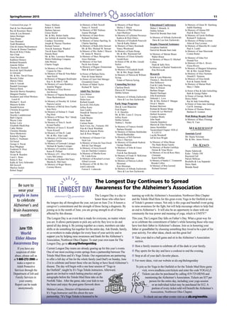 Spring/Summer 2015 11
Paul & Teri Bockstahler
Rey & Rosemary Boezi
Anne & Lou Bonanni
James Bosinger
Veda Braatz
Gary Brainard
Noah Broadway
Glen & Joanne Buckenmeyer
Chester & Donna Chambers
Byron & Kitsy Choka
Sue Cloak
Gene Davidson
Kathleen Demery
Rolland Desautels
Jeanette Dillon
Thomas B. Donnell
Kevin & April Drushell
Jo Edwards
Mr. & Mrs. David Elsass
Beverly Fisher
Marion Fitkin
John S. Gercak
Randall Greisinger
Patricia Hawk
David & Sherrie Humphrey
Margaret Huntley
Insulators and Allied Workers
Local 45
Michael C. Koch
Marjorie Kohler
Donald Kretzer
Christine Krygielski
Jane Kuhn
Dorothy Landskroener
Barb Lingvai
Wayne Liske
Kelsey Lortz
Elizabeth MacKillop
Cathy Melms
Christine Monday
Steve Moskowitz
Kimberly Nigem
Rollin G. Nusbaum
Ed Oetzel
George A. Pavuk
Rose Pfleghaar
Frederick D. Price
Mark Purdy
Vivian R. Reardon
Carol L. Reno
Robin S. Rex
Kathy & Terry Schroeder
Bill Scovell
Marilyn Siefert
Robert Siegel
Nancy Slykhuis
Robert A. Smith
Barbara Sprouse
Eileen Stiefel
Mr. & Mrs. Robert Suttle
Joe Tafelski & Jennifer Teschner
Candace Tavormina
Joseph & Theresa Theodore
Richard Vernier
Aron & Anastazja Wajskol
Tim & Kateri Walsh
Pamela Ward
Mr. & Mrs. Lawrence Weisman
Welch Publishing Company
John Werner
Charles Yeagle
In Memory of Anna Alberty
Carpets by Otto
In Memory of Stan & Nina Baker
Janet Keefe
In Memory of Margaret Bockbrader
Kay A. & John E. Falk
In Memory of Laura Bombrys
Jennifer Wagner
In Memory of Elsie Brower
Jim Brower
In Memory of Virginia Buckenmeyer
Dean Buckenmeyer
In Memory of Dorothy M. Esford
Patricia Larrow
In Memory of Bill & Doris Fauble
Kim Perry
In Memory of Delmar E. Frank
Peg Horn
In Memory of William “Rex” Inbody
Doris Inbody
In Memory of Vera A. Jacob
Kristal Paullin
In Memory of Joyce E. Kissoff
Victor Kissoff
In Memory of Otto R. Ladd
Mr. & Mrs. Alan Ladd
In Memory of Christine Liauw
Angelica Fenton
In Memory of Gertrude Lininger
Michael & Sandra Lininger
In Memory of Caroline Lumm
Karen R. Pollard
In Memory of C. Alice McCartney
Larry McCartney
In Memory of Robert McCleary
Marsha K. McCleary
In Memory of Roger Mowry
Corinne Mowry
In Memory of Bob Newell
Nancy A. Newell
In Memory of Bill Niehous
Joanne Murtagh
In Memory of Janet Rowe
Richard Deerhake
In Memory of James Sperling, Sr.
Charles Sperling
In Memory of Ruth Jobst Stewart
Mr. & Mrs. Michael W. Stewart
In Memory of Mrs. Rubie J. Weaver
Dr. James R. Weaver
In Memory of Mary Weisgerber
Joyce Hartman
In Memory of Jim Yark
Pat & Ann Hylant
In Memory of Regner Zimmerman
Matt & Karen Caputo
In Honor of Barbara Hicks
Peter & Susan Martyn
In Honor of Carol Ann Metzger
Gwendolyn Goetz
In Honor of Mabel Taylor
Richard W. Taylor
Adult Day Services
Joyce Behner
Lois L. Grasser
Helen Iossi
Richard Joseph
Kevin & Chris Kehn
Jeffrey Kurtz
June Landry
Donald & Vanessa Lynn
Sue Motter
Linda Shuster
Doris Stark
Carlean Stone
Style Crest, Inc., Fremont, OH
Fran & Chuck Weinblatt
Melvyn & Annette Wicks
Jack & Rose Wingert
In Memory of Eleanor Carr
Nick Carr
In Memory of Gene & Clara Elwell
Bob & Char Morgan
In Memory of Joyce Kissoff
Gus & Charlotte Costanzo
In Memory of Martha Kona
Dr. Linda Kona
In Memory of Rosalind Levison
Alfred Levison
In Memory of Mr. & Mrs. Ed-
ward Lishewski
Forrest E. Lishewski
In Memory of Rudi Mayer
Shirley J. Mayer
In Memory of Phil Oberkiser
Jean Oberkiser
In Memory of LaDonna Pecsenye
Kathryn & Rick Ehlers
In Memory of Elizabeth Penovich
Tom & Kathy Doktor
In Memory of Harry Reichardt
Nancy Woodward
In Memory of Katie Romp
Mr. & Mrs. Raymond Fall
In Memory of Eileen Schaefer
Gerald Kern
In Honor of Mr. & Mrs. Gerald
Siefert
Suzanne Pruss
In Memory of Elizabeth Smith
Mr. & Mrs. Roger Smith
In Memory of Patricia & William
Syring
Estate of Patricia Syring
Counseling Services
Charlene Brock
Patricia M. Pommeranz
Debbie Schiets
In Memory of Alfreda Zuchowski
Dave & Lou Ann Zuchowski
Early Stage Programs
Don & Lynn Blakeslee
Fred Degner
E. H. Deselms
Mr. & Mrs. Louis E. Grycza
Jeffrey Kurtz
Debbie Schiets
Andrea L. Snyder
In Memory of Frances Arnold
Barbara Heindel
In Memory of Darlene Burkholder
Harold Burkholder
In Memory of Bill Harrison
Alice J. Harrison
In Memory of Elizabeth Hedrick
George Hedrick
In Memory of John & Grace
Hinesman
Fred & Sue Bernardo
In Memory of Frank D. McKirnan
Chelsea McKirnan
In Memory of Patricia Leibolt
Shireman
Kim Shireman
In Memory of Alfreda Zuchowski
Dave & Lou Ann Zuchowski
Educational Conferences
Walter J. Minarik, Jr.
Debbie Schiets
Darrell & Brenda Starr-Jude
In Memory of Alfreda Zuchowski
Dave & Lou Ann Zuchowski
Respite Financial Assistance
Josephine Hatfield
Darrell & Brenda Starr-Jude
In Memory of Marian Braun
Walter Braun
In Memory of Mayor D. Michael
Collins
Hank & Sally Hiris
In Memory of Rachel Vandewiele
Rita Hrivnyak
Research
Don & Lynn Blakeslee
Thomas L. Buczkowski
Don DeBouver
Fred & Linda Doering
Mary Jo Dotson
Barbara Harger
Mardel Haslinger
John Kunstmann
Deborah L. Love
Mr. & Mrs. Robert F. Mangas
Orval J. Martin
Richard McGraw
Richard & Bonnie Mogg
Connie & Les Morrison
Herbert Scranton
Candace Shealy
John Staab
Annetta Stansbery
Marion & Ellen Steiner
James Steinhilber
Vacationland Chapter 1030 of
N.A.R.F.E.
Lucille Woodruff
Jeff & Kim Wright
In Memory of Allen Brune
The Hank Brune Family
In Memory of Rutila Castilleja
Dorian & Trina Myers
In Memory of Joe & Rose Mary
Clementz
Karen Steffan
In Memory of Stanley C. Cronenwett
Brenda Cellier
In Memory of Rita Gerrard
Richard Gerrard
In Memory of Glenn W. Hamburg
Judith Hamburg
In Memory of Glenna Hill
Paul & Sherry Frost
In Memory of Carole Hoffman
Richard P. Anderson
In Memory of Philip Leveton
Allen & Elsa Leveton
In Memory of Marcella M. Liedel
Paul A. Liedel
In Memory of Jane Marciniak
Connie Rutter
In Memory of Edna Nye
Donald Nye
In Memory of Otis L. Rivers
Eloise Rivers
In Memory of Margaret Schopieray
Mr. & Mrs. Gerald Weber
In Memory of Alice Siemens
Donald E. Siemens
In Memory of Eliza Smith
Kurt & Joanne Smith
In Memory of Marian Wetli
Mary J. Hahn
In Honor of Ray & Judy Gottschling
Beth & George Huber
In Honor of George, Beth &
Henry Huber
Ray & Judy Gottschling
In Honor of Anna Jane Jennings
Carl R. Jennings
In Honor of Thomas Waters
Barbara H. Gentner
Walt Bishop Respite Fund
In Memory of Mary Fleming
Mary K. Case
Membership
Associate Level
Mr. Duane Newman
Mr. & Mrs. James Powers
In-Kind
Duane Adamczak
Kuka - Toledo, OH
Raymond Fall
Patrick Millican
Rochelle & Lou Sepanski
Doris Stark
Brenda Steed
Continued from page 10
The Longest Day is a day to
honor those who often have
the longest day all throughout the year, not just on June 21st. It honors a
caregiver’s commitment and the strength of those facing a diagnosis. By
joining us in the month of June, you are giving strength to all of those
affected by this disease.
The Longest Day is an event that is made for everyone, no matter where
you are. It allows participants to pick any activity they love to do and
spend all day doing it. By joining together as a team, members can take
shifts or do something fun together for the entire day. Ask friends, family,
or co-workers to make pledges for every hour of your activity and to
support you by helping raise awareness and funds for the Alzheimer’s
Association, Northwest Ohio Chapter. To start your own team for The
Longest Day, go to alz.org/thelongestday.
Current Longest Day teams are already gearing up for this year’s events.
One of our most exciting events springs from a partnership between The
Toledo Mud Hens and It’s Yoga Toledo. Our organizations are partnering
to offer a full day of fun for the whole family (and Dad!) on Sunday, June
21st to celebrate and honor those who are facing or have faced Alzheimer’s
disease. The day will begin with a one hour session of “Yoga in
the Outfield”, taught by It’s Yoga Toledo instructors. Afterward,
guests are invited to watch batting practice and get
autographs before the Toledo Mud Hens take on the
Norfolk Tides. After the game, take your kids to run
the bases and enjoy the post-game firework show.
Malena Caruso, Director of Operations and
It’s Yoga Instructor said this about the new
partnership, “It’s Yoga Toledo is honored to be
teaming up with the Alzheimer’s Association, Northwest Ohio Chapter
and the Toledo Mud Hens for this great event, Yoga in the Outfield at one
of Toledo’s greatest venues. Not only is this yoga and baseball event going
to raise awareness for the fight, but will help encourage others to help find
an end to Alzheimer’s. It will also be an opportunity to share with our
community the true power and meaning of yoga, which is UNITY!”
This year, The Longest Day falls on Father’s Day. What a great way for
us to celebrate the commitment of father’s while honoring those who may
have lost their father to Alzheimer’s disease. Join us in honoring your
father or grandfather by choosing something they loved to be a part of for
your activity. For other ideas, check out this great list!
n	Take your dad to a ball game and sit in the Alzheimer’s Association
	section.
n	Host a family reunion to celebrate all of the dads in your family.
n	Play sports for the day and have a cookout to end the evening.
n	Stop at all of your dad’s favorite places.
n	For more ideas, visit our website at alz.org/thelongestday
To join us for Yoga in the Outfield or for the Toledo Mud Hens game
visit, www.mudhens.com/tickets and enter the code YOGALZ.
Tickets can also be purchased by calling 419-725-HENS and
mentioning the Alzheimer’s Association. Tickets are $37 per
person for the entire day, including your yoga session
or an individual ticket may be purchased for $12. A
portion of every ticket sold will benefit the Alzheimer’s
Association, Northwest Ohio Chapter.
To check out our other events visit us at alz.org/nwohio.
The Longest Day Continues to Spread
Awareness for the Alzheimer’s Association
Be sure to
wear your
purple in June
to celebrate
Alzheimer's and
Brain Awareness
month!
June 15th
World
Elder Abuse
Awareness Day
If you have any
suspicion of elder
abuse, please call us
at 1-800-272-3900 or
make a report to
Adult Protective
Services through the
Department of Job and
Family Services in
your county.
Report can be made
anonymously.
 