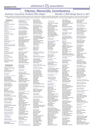 Spring/Summer 2015 9
All gifts, memorials, contributions and tributes received by the Northwest Ohio Chapter are gratefully acknowledged. Not only do they honor others in a special way but they enable us
to fulfill our mission of education, family support, advocacy and research. Contributions received after March 31, 2015 will be acknowledged in the next issue of this newsletter.
Tributes
In honor of
JAE AVERY
Jim & Mona Tomaszewski
In honor of
KAREN CAVENTER’S
MOTHER
Maria Early Learning Center
In honor of
DAVE FELCAN’S
BIRTHDAY
Dr. Patricia A. Donahue
In honor of
J.D. KLEIN
Art Brecher
In honor of
JOSEPHINE A. MALATIN
Barbara DiPietro
In honor of
MIKE & LIZ MESSENGER
Tom & Rosemarie Deschler
In honor of
JOAN PUBOLS
Art Brecher
In honor of
DR. MICHAEL STARK
Dick & Kaye Schuller
In honor of
PAT STEWART
Mary Ellen Reimund
In honor of
BEA SWARTZBAUGH
Randy & Tina Kinkaid
& Family
Memorials
EILEEN ADOLINE
American Legion Auxiliary
Unit 192
Theodore & Janice Lang
Orton & Joan Ryan
VERAALLEN
Jane Larsen
ANNABELLE ALLOMONG
Lamar Allomong
Randall Allomong
Gary & Rita Hake
Michael & Anita Keller
Col Ret & Mrs. Karl Mauerhan
JO ANN ALTMAN
Catherine Altman
Ken & Cindy Mitchell
Jeff & Cyndi Pope
DOYLE BARNES
Mary Barnes
Ruth Gray
Mark & Amy Morman
Morris & Mary Lou Myers
RICHARD D. BARTH
Mary Ekleberry
Northwood Condo Association
JOSEPH BEDDOW
Larry & Barbara Gish
Ridgeview Neighbors
FRANCIS BELL
The Jimison Family
ELMA BENDER
Donald & Marilyn Burkholder
Mark Lifsey
Gary & Leona Prushing
ROBERT BIERINGER
Gary & Maria Brown
JANET BLACKFORD
Galion Assisted Living
MARGRETTE ANN
BLANTON
Jerel & Jodi Hess
ANNE BLOCH
Christine Krygielski
MARGARET BOCKBRADER
Roger Rummel
Toledo Refining Company
MILDRED OLIVE BOEHM
Jennifer Harpster
Margaret McCandless
RICHARD BOEHME
Norman & Mary VanDyke
RITA BORGERT
Jim & Nancy Borgert
Patrick & Paulette Borges
JOAN M. BOYERS
Jerry & Linda Borton
Jack & Janet Boyers
Dale & Deloris Marson
Rex & Ronna Rice
MARGUERITE BRAUN
Peter & Peggy Casey
Greg Eppler
Dan & Connie Hasselschwert
Richard & Margaret Heck
K & S Heatherdowns LLC
Beverly Kitto
Elaine Sheehan
Patrice Spitzer
M/M Thomas Witt
LOIS BREIDENBACH
Dan & Joann Erwin
Betty Folk
JACQUELYN BURROW
M/M Vito Boraggina
Oliver Burrow
Thomas Cable
Jim & Joyce Campey
Anthony & Lynn Jager
Diane Lunde
Dave & Marty McKenzie
Henry & Irene Meech
Tom & Mary Smith
Bernard & Rose Woodruff
MARYA. BUSDICKER
Joe Scherting
Steve Scherting
Sue Shanahan
PATTY BUTLER
Vicki Kramer
SHIRLEY CAUDILL
M/M Donald Albin
Lois Anderson & Mary Alice
Markley
Marie Brenamen
Pat Clagg
Todd & Stacie McAfee
David & Susan Myers
Dwight & Mary Alice Myers
John & Julie Napier
EDWARD CHRASTINA
Jeff & Michelle Brokaw
Chip & Peggy DeVillers
Adam & Laura Keller
The Long Family
Lois Senokozlieff
Bradley Snyder
H. SALLY CHRISTIANSEN
Sandy Blausey
Raymond & Marilyn Coon
Susan Dile
Rich & Lisa Gargas
John & Diane Goetz
Thomas, Lori, & Rachael
Hojnacki
Pam & Ron King
Cathy Krueger
Walter & Sandy Minarik
Susie Moszkowicz
NAWIC Toledo Chapter #282
Ohio Corporation of
Dance Clubs
Alan & Carol Perry
Norman & Phyllis
Schuffenecker
Gary & Jeannette Siegel
Joan Sigurdson
Gerald & Barbara Weber
Kenneth & Joyce Yant
SHIRLEY CLAUS
Bob & Nora McDonald
Diana Shaffer
Gary & Kathy Sivers
ROBERT F. CLINE
Donna Cline
TOM COLVIN
Tom, LuAnn, & Megan Denoi
Roxann Hornish
M/M James Moore
Roger & Diane Morr
Paul & Ruth Warnimont
WINIFRED CONN
Michael & Beth Conn
Frank & Delores Densel
Richard Dunn
Steven & Tamara Frey
Derryl & Linda Grote
Steven & Linda Haubert
Charles & Victoria Lane
Mark & Penny Minick
FLORENCE DECKER
Jon & Kathy Brough
Rex & Rhonda Damschroder
Craig & Stacey Hoffman
Dena Kirby
Larry & Becky McElfresh
Jon & Terese Peters
SCBDD – School of Hope
Albert Stokes
Laurie Weichel
JOHN DOMER
Barbara Egner
Barbara Lewis
Bonnie Rain
VIRGINIA L. DUDLEY
Ashland Vocational Teachers
Association
EARL DUNFEE
M/M Wayne Yontz & Family
ROSALIE DZINGLESKI
Nancy Dzingleski
Don & Violet Kujuawa
Judith Ann Piotrowski
Valeria Sobecki
SHEILA EHRHARDT
Fishing Friends of her son, Karl
MARTHA FELCAN
Dr. Patricia A. Donahue
JACK FINCK JR.
Mary Beth Danford
Don & Sally Dittman
Bill & Judi Henrion
Chris Knaggs & Family
Doug & Sue Leonard
Gerald & Elaine Mohney
Clara Pezzino
Carol Rambo
Fran Righi
Malinda Ruffle
Jody Storer
Sylvia Washburn
David & Dorothy Zawodny
FREDERIC FLOX
Gan Yeladim Preschool Staff
FAE FOGT
Paul & Cynthia Johnson
Charles Lichtenberger
Todd & Lois Waltz
DONALD FOX
Emily Hammer
HAROLD E. FROST
Laurie Kreager & Family
MAX GAULT
Marjorie Denslow
Vera Knowlton
Connie Layne & Family
Ron Morgan
Kristine Renz
Norman & Janet Renz & Family
George & Janice Scantland
Edna Swander
JEANNE GETZ
Mary Damron
Barry & Terri Davis
Barbara Fairchild
Betsy Fraker
Jane Frank
Frederick & Linda Haring
Terry & Renee Hott
Ray & Trudi Keller
Dr. & Mrs. Loesch
M/M John Marquardt
Ken & Martha McLain
Carol O’Mara
Lowell & Jan Smith
Tuesday Book Club
Robert Weaver
NORMA GRACE
GETZINGER
Patrick, Sally, & Samantha
Brzozka
Patrick & Marlene Davis
Joe & Marvel Duerringer
Don & Carol Flick
Denise Getzinger
Frederick & Karin Gibson
Marilyne Knake
Joe & Jenny Mazur
Do & Theresa Nguyen
M/M Timothy Stapleton
Tom & Debbie VanWormer
Kathryn Werkman
BERNICE GILL
Vonicle Kronk
EVELYN “JUNE” GILMER
Dan & Julia Barton
Carolyn Beck
John & Dawn James
Dale & Lori Madaj
Dan & Judy Reiff
Denise Reiff
Linda Schaub
Nancy Ulrich
OTIS GREEN
Larry & Jan (Gaige) Baker
KEN GREUTMAN
Frances Foster
Delores Greutman
Patsy Hardy
RICHARD HARTSEL
Communica
LEE HARTWICK
Kathleen Dabrowski-Poe
Jill Diekroeger
Michael & Mary Fulton
ROBERT JOSEPH
HARTZELL
Lawrence & Bobbie Molyett
Len & Elaine Monahan
Robert & Dorothy Robenalt
James & Kathleen Vallance
JUANITA HASLINGER
Carol Arquette
ALTON HAYFORD
Marathon Petroleum –
Law Organization
DELORES HAYWARD
Ken Smith
LEONA HELMKE
Darlene Myers
ROBERT HERMAN
Pamela Bruns
Mary Callaway
John & Laurie Collier
Nancy Donze
John & Lois Hanna
Sue Keller
James & Maureen Lammy
Loraine McCann
James & Suzanne McColley
Patrick & Dana McColley
Carolyn Plassman
Scott & Jennifer Plassman
Plassman, Rupp, Hagans, &
Newton – Attorneys &
Counselors
Mark & Beth Saul
Burt Wagner
Vivian Wagner
JUDITH B. HIGH
John & Kathleen Dickey
Paul & Betty Ann Ebbeskotte
Evangelical Pietist Church Chris-
tian Women’s Fellowship
Jerry & Constance Everhart
James & Jane Ewald
Shirley Gardner
Bill & Linda Griffin
Robert & Marilyn Harrer
Adam & Carol High
Rodney High
Mary Kemery
Sandra Linn
Freda Loyer
Marjorie Lust
Kenneth & Gloria Miller
Nancy Morales
James & Alita Phillips
Jason & Dawn Ratliff
Dennis & Barbara Richards
Dorothy Robey
Phyllis Ross
Kenneth & Doris Strohm
RUTH M. HILDEBRANDT
John & Marie Hildebrandt
Foundation
GLENNA HILL
John & Aimee Campbell
Bonnie Rain
CAROLE HOFFMAN
Ken & Marlene Belcher
Richard & Barbara Moore
Deb Ritter
BOB HOLT
Mona Bier
Amber Connelly & Don
DuPuis
Greg & Bev Fritz
Ronald & Carolyn Headlee
Brandon & Paula Ison
June Kimura
Curtiss & Becky Lewis
Jackie Mathis
Marc & Bonnie Smith
Jody Sohnly
Bratche & Heather Webster
Mary Beth Wetli & James Melvin
THEODORE HONOLD
Ellin Skapik
ALEX HUKALO
M/M Richard Lardinais
Jeannie Landry
Roger Rummel
CAROLYN KARG
Susan Brown
Carole Byal
Phyllis Fellabaum
Irene Hards
Sue Kibler
Tom & Betsy Klein
April Lehman
Rhoda Myers
M/M John Rieker
Ruth Rothschild
Doug & Carol Schleucher
Doug Smith
Lisa Smith Snaufer
Jacqueline Smith
Jack & Nancy Winters
Harold & Susan Wise
PAUL KEENEY
Patty Ayres
Harold & Bonnie Barr
Steven & Barbara Berghoff
Phil & Dee Bresler
Janice Cool
Jay & Dee Flutterjohann
Ray & Carol Goyner
Terry & Sarah Goyner
Frank & Marilyn Harris
M/M Terry Hummel
M/M James Mesnard
Sharon Miller
Chuck & Annette Spallinger
Francie Stafford
EDGAR KELLEY
Herbert & Debra Adams
Tom & Susan Beery
John Chalfin
Larry & Luann Croy
Thomas & Janet Daney
Milo & Chrissie Danzeisen
Kris & Monica Kelley
Scott & Melissa Kelly
Jim & Phyllis Porea
David & Polly Richardson
Leighton Stahl
Dr. David & Laura Weaver
Dr. Richard Weaver
Scott & Jeanne Winzeler
JOYCE KELLEY
Tom & Susan Beery
Robert Blinn
Larry & Luann Croy
Tom & Janet Daney
Connie Engel
Maria Ermie
David & Polly Richardson
Tom & Alyce Roller
Sharon Rossbach
Jackie Venzel
Dr. David & Laura Weaver
PEGGY KELLEY
Tom & Pam Basinger
RICHARD KELLY
David & Michelle Carsey
Burnell Huffman
Chris & Cheri Laughbaum
Ray & Lela Mitchell
Colleen O’Leary
Jerry & Cindy Voss
SUSAN KIEFFER
Robert Karrick & Family
Denis & Sandy Marsh
JOAN KIMPLE
Val & Donna Krieger
Mark & Julie Stahl
Ron & Betty Watt
BILL KNOX
Carolyn Anderson
Evelyn Chiles
Jean Gilroy
Charlotte Hatfield
Kevin & Rae Moore
Jim & Judy Rex
Sue Rex
Dennis & Vicky Searfoss
Amanda Tudor
Kathleen Turner
Bill & Pam Wreede
Russell & Janet Young
THELMA KNOX
Connie Curlis
Virlyn & Ruth Kenner
Bob & Marilyn Mitchem
Jim & Mary Lou Stewart
ERIK KOHLER
Dan & Sandra Lazenby
LOUISE KOROKNAY
John & Kim Berger
Steve & Joy Boliantz
Jerry & Susan Grassel
Burk & Mary Jisa
Bob & Lenie Koch
Chris & Jennifer Lopez
Leland & Lavalla Porch
Gary & Judy Sparr
Carol Vail
KENNETH KOWALCZK
James Weaver & Susan Duncan
DANIEL KOWALSKI
Dennis & Debbie Parish
ED KOWALSKI
Michael & Linda Doyle
PAUL J. KRAUSE
Mary Ellen Krause
EDNA HANNEMAN KRUSE
M/M Jim Guillozet
GEORGE KRYDER
Arlene Adams
Gary & Jamie Bostelman
Toby & Jillian Fitzenreiter
John & Lois Hanna
Rita Kryder
Pamela Lieser
Roland & Sandra Perry
Theodore & Dora Titgemeyer
ROY LaFONTAINE
Patricia Long
KATHLEEN LANDON
Dawn Latta
HUGH LANNING
M/M Larry Heiserman
Sally Reed
Herb & Nancy Wright
Nancy Zuelzke
HAROLD LAUX
Larry & Delores Emenhiser
Douglas & Luanne Haupt
Kaduk Hillbrook LLC
Michael & Kim Langham
Rosie Laux
Ronald & Pamela Laux
Marcus & Heidemarie Lohrmann
Robert & Jeannine Luderman
Tributes, Memorials, Contributions
Alzheimer’s Association, Northwest Ohio Chapter December 1, 2014 through March 31, 2015
 