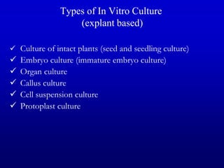 Types of In Vitro Culture
(explant based)
 Culture of intact plants (seed and seedling culture)
 Embryo culture (immature embryo culture)
 Organ culture
 Callus culture
 Cell suspension culture
 Protoplast culture
 