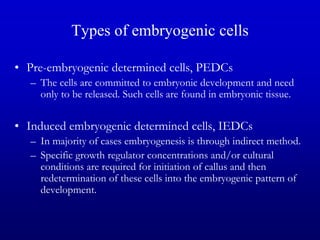 Types of embryogenic cells
• Pre-embryogenic determined cells, PEDCs
– The cells are committed to embryonic development and need
only to be released. Such cells are found in embryonic tissue.
• Induced embryogenic determined cells, IEDCs
– In majority of cases embryogenesis is through indirect method.
– Specific growth regulator concentrations and/or cultural
conditions are required for initiation of callus and then
redetermination of these cells into the embryogenic pattern of
development.
 