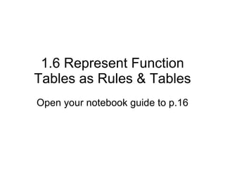 1.6 Represent Function Tables as Rules & Tables Open your notebook guide to p.16 