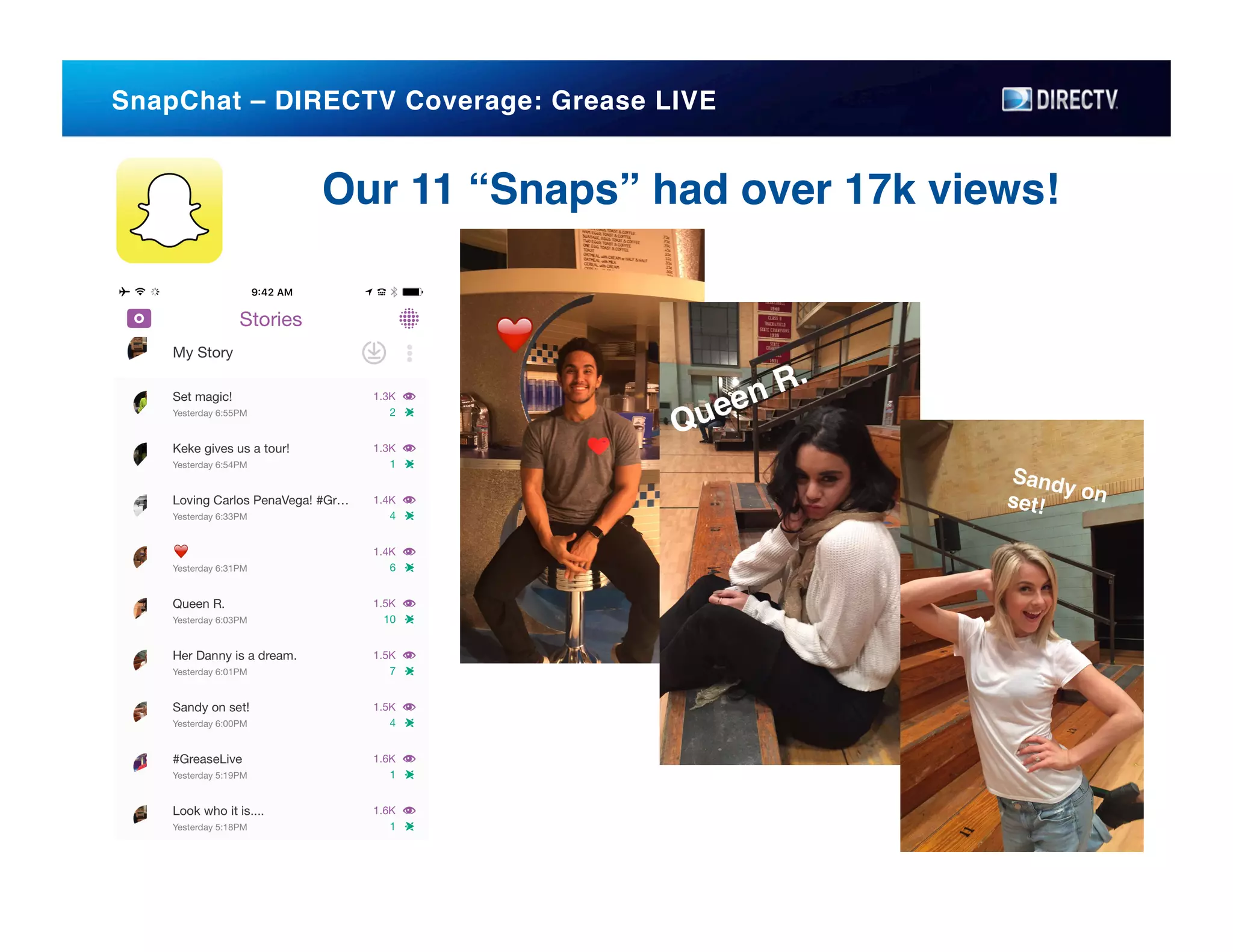 SnapChat – DIRECTV Coverage: Grease LIVE!
Our 11 “Snaps” had over 17k views!!
 