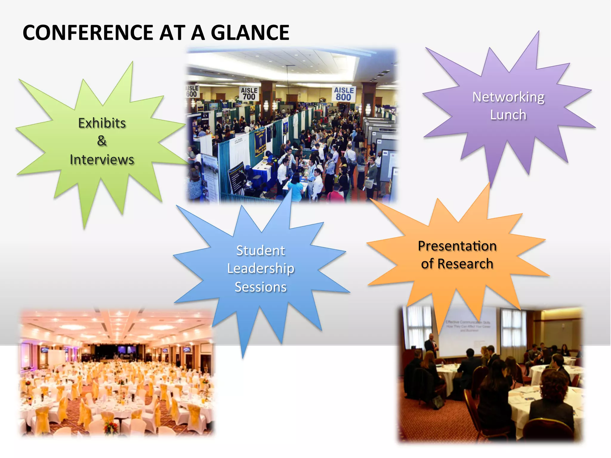 CONFERENCE	
  AT	
  A	
  GLANCE	
  
Networking	
  
Lunch	
  
Exhibits	
  
&	
  	
  
Interviews	
  
Presenta;on	
  
of	
  Research	
  
Student	
  
Leadership	
  
Sessions	
  
 