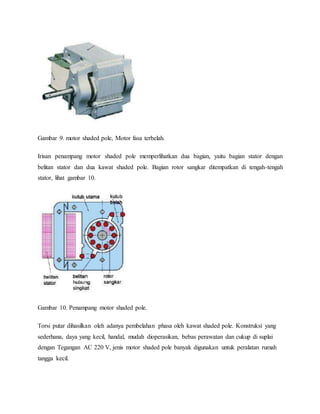Gambar 9. motor shaded pole, Motor fasa terbelah. 
Irisan penampang motor shaded pole memperlihatkan dua bagian, yaitu bagian stator dengan 
belitan stator dan dua kawat shaded pole. Bagian rotor sangkar ditempatkan di tengah-tengah 
stator, lihat gambar 10. 
Gambar 10. Penampang motor shaded pole. 
Torsi putar dihasilkan oleh adanya pembelahan phasa oleh kawat shaded pole. Konstruksi yang 
sederhana, daya yang kecil, handal, mudah dioperasikan, bebas perawatan dan cukup di suplai 
dengan Tegangan AC 220 V, jenis motor shaded pole banyak digunakan untuk peralatan rumah 
tangga kecil. 
 