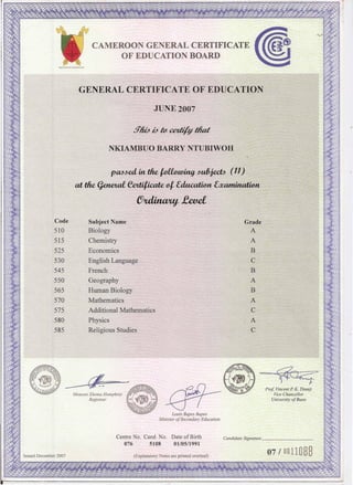 GCE O Level Certificate