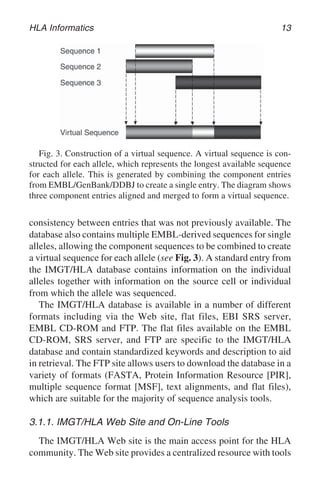 HLA Informatics 13
consistency between entries that was not previously available. The
database also contains multiple EMBL-derived sequences for single
alleles, allowing the component sequences to be combined to create
a virtual sequence for each allele (see Fig. 3). A standard entry from
the IMGT/HLA database contains information on the individual
alleles together with information on the source cell or individual
from which the allele was sequenced.
The IMGT/HLA database is available in a number of different
formats including via the Web site, flat files, EBI SRS server,
EMBL CD-ROM and FTP. The flat files available on the EMBL
CD-ROM, SRS server, and FTP are specific to the IMGT/HLA
database and contain standardized keywords and description to aid
in retrieval. The FTP site allows users to download the database in a
variety of formats (FASTA, Protein Information Resource [PIR],
multiple sequence format [MSF], text alignments, and flat files),
which are suitable for the majority of sequence analysis tools.
3.1.1. IMGT/HLA Web Site and On-Line Tools
The IMGT/HLA Web site is the main access point for the HLA
community. The Web site provides a centralized resource with tools
Fig. 3. Construction of a virtual sequence. A virtual sequence is con-
structed for each allele, which represents the longest available sequence
for each allele. This is generated by combining the component entries
from EMBL/GenBank/DDBJ to create a single entry. The diagram shows
three component entries aligned and merged to form a virtual sequence.
 