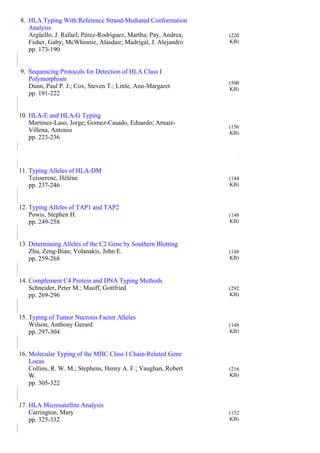 8. HLA Typing With Reference Strand-Mediated Conformation
Analysis
Argüello, J. Rafael; Pérez-Rodríguez, Martha; Pay, Andrea;
Fisher, Gaby; McWhinnie, Alasdair; Madrigal, J. Alejandro
pp. 173-190
(220
KB)
9. Sequencing Protocols for Detection of HLA Class I
Polymorphism
Dunn, Paul P. J.; Cox, Steven T.; Little, Ann-Margaret
pp. 191-222
(500
KB)
10. HLA-E and HLA-G Typing
Martinez-Laso, Jorge; Gomez-Casado, Eduardo; Arnaiz-
Villena, Antonio
pp. 223-236
(156
KB)
11. Typing Alleles of HLA-DM
Teisserenc, Hélène
pp. 237-246
(144
KB)
12. Typing Alleles of TAP1 and TAP2
Powis, Stephen H.
pp. 249-258
(148
KB)
13. Determining Alleles of the C2 Gene by Southern Blotting
Zhu, Zeng-Bian; Volanakis, John E.
pp. 259-268
(148
KB)
14. Complement C4 Protein and DNA Typing Methods
Schneider, Peter M.; Mauff, Gottfried
pp. 269-296
(292
KB)
15. Typing of Tumor Necrosis Factor Alleles
Wilson, Anthony Gerard
pp. 297-304
(148
KB)
16. Molecular Typing of the MHC Class I Chain-Related Gene
Locus
Collins, R. W. M.; Stephens, Henry A. F.; Vaughan, Robert
W.
pp. 305-322
(216
KB)
17. HLA Microsatellite Analysis
Carrington, Mary
pp. 325-332
(152
KB)
 