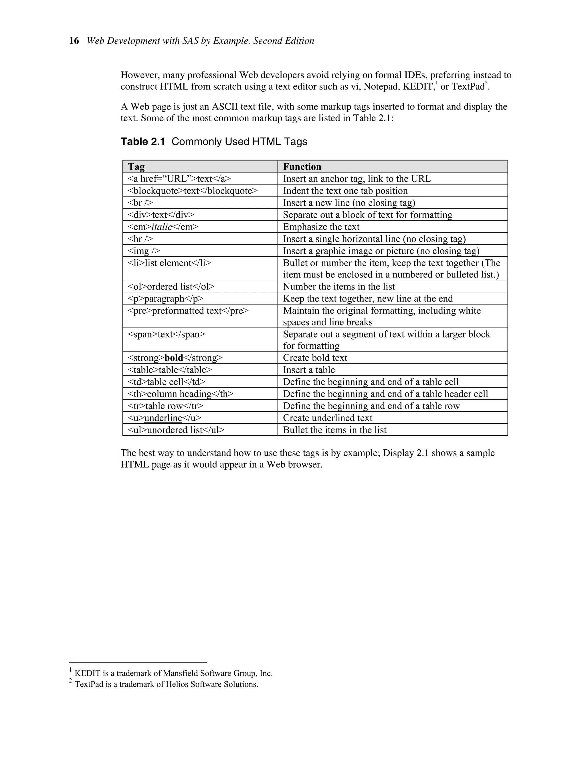 16 Web Development with SAS by Example, Second Edition
However, many professional Web developers avoid relying on formal IDEs, preferring instead to
construct HTML from scratch using a text editor such as vi, Notepad, KEDIT,
1
or TextPad
2
.
A Web page is just an ASCII text file, with some markup tags inserted to format and display the
text. Some of the most common markup tags are listed in Table 2.1:
Table 2.1 Commonly Used HTML Tags
Tag Function
<a href=“URL”>text</a> Insert an anchor tag, link to the URL
<blockquote>text</blockquote> Indent the text one tab position
<br /> Insert a new line (no closing tag)
<div>text</div> Separate out a block of text for formatting
<em>italic</em> Emphasize the text
<hr /> Insert a single horizontal line (no closing tag)
<img /> Insert a graphic image or picture (no closing tag)
<li>list element</li> Bullet or number the item, keep the text together (The
item must be enclosed in a numbered or bulleted list.)
<ol>ordered list</ol> Number the items in the list
<p>paragraph</p> Keep the text together, new line at the end
<pre>preformatted text</pre> Maintain the original formatting, including white
spaces and line breaks
<span>text</span> Separate out a segment of text within a larger block
for formatting
<strong>bold</strong> Create bold text
<table>table</table> Insert a table
<td>table cell</td> Define the beginning and end of a table cell
<th>column heading</th> Define the beginning and end of a table header cell
<tr>table row</tr> Define the beginning and end of a table row
<u>underline</u> Create underlined text
<ul>unordered list</ul> Bullet the items in the list
The best way to understand how to use these tags is by example; Display 2.1 shows a sample
HTML page as it would appear in a Web browser.
1
KEDIT is a trademark of Mansfield Software Group, Inc.
2
TextPad is a trademark of Helios Software Solutions.
 