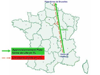 1000 km
1000 km
Plate
Plate-
-forme de Bruxelles
forme de Bruxelles
Usine de
Usine de
Valence
Valence
x ?
x ?
Livraisons clients en LTL
Livraisons clients en LTL
Approvisionnement Plate
Approvisionnement Plate-
-
forme de Lille en TL
forme de Lille en TL
 
