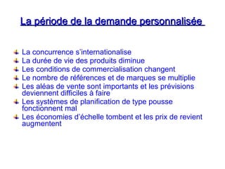 La période de la demande personnalisée
La période de la demande personnalisée
La concurrence s’internationalise
La durée de vie des produits diminue
Les conditions de commercialisation changent
Le nombre de références et de marques se multiplie
Les aléas de vente sont importants et les prévisions
deviennent difficiles à faire
Les systèmes de planification de type pousse
fonctionnent mal
Les économies d’échelle tombent et les prix de revient
augmentent
 