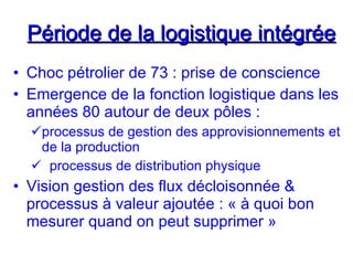 Période de la logistique intégrée
Période de la logistique intégrée
• Choc pétrolier de 73 : prise de conscience
• Emergence de la fonction logistique dans les
années 80 autour de deux pôles :
processus de gestion des approvisionnements et
de la production
 processus de distribution physique
• Vision gestion des flux décloisonnée &
processus à valeur ajoutée : « à quoi bon
mesurer quand on peut supprimer »
 