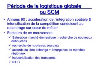 Période de la logistique globale
Période de la logistique globale
ou SCM
ou SCM
• Années 90 : accélération de l’intégration spatiale &
intensification de la compétition conduisent au
recentrage sur cœur de métier
• Facteurs de ce mouvement :
 Saturation marché domestique : recherche de nouveaux
débouchés
 recherche de nouveaux sourcing
 accords de libre échange + émergence de marchés
régionaux
 industrialisation des transports
 NTIC
 