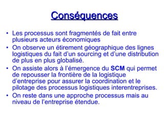 Conséquences
Conséquences
• Les processus sont fragmentés de fait entre
plusieurs acteurs économiques
• On observe un étirement géographique des lignes
logistiques du fait d’un sourcing et d’une distribution
de plus en plus globalisé.
• On assiste alors à l’émergence du SCM qui permet
de repousser la frontière de la logistique
d’entreprise pour assurer la coordination et le
pilotage des processus logistiques interentreprises.
• On reste dans une approche processus mais au
niveau de l’entreprise étendue.
 
