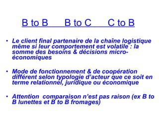 B to B B to C C to B
• Le client final partenaire de la chaîne logistique
même si leur comportement est volatile : la
somme des besoins & décisions micro-
économiques
• Mode de fonctionnement & de coopération
différent selon typologie d’acteur que ce soit en
terme relationnel, juridique ou économique
• Attention comparaison n’est pas raison (ex B to
B lunettes et B to B fromages)
 