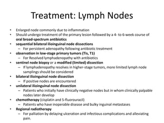 Treatment: Lymph Nodes
• Enlarged node commonly due to inflammation
• Should undergo treatment of the primary lesion followed by a 4- to 6-week course of
oral broad-spectrum antibiotics
• sequential bilateral ilioinguinal node dissections
– For persistent adenopathy following antibiotic treatment
• observation in low-stage primary tumors (Tis, T1)
– For Resolved lymphadenopathy with antibiotics
• sentinel node biopsy or a modified (limited) dissection
– If lymphadenopathy resolves in higher-stage tumors, more limited lymph node
samplings should be considered
• bilateral ilioinguinal node dissection
– If positive nodes are encountered
• unilateral ilioinguinal node dissection
– Patients who initially have clinically negative nodes but in whom clinically palpable
nodes later develop
• chemotherapy (cisplatin and 5-fluorouracil)
– Patients who have inoperable disease and bulky inguinal metastases
• Regional radiotherapy
– For palliation by delaying ulceration and infectious complications and alleviating
pain.
 