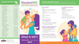 Can I get WIC if I am in another
program?
Some people are able to get WIC because
they are in other programs like:
• 	Foster Care
• 	Medical Assistance
• 	SNAP or Food Stamps
• 	TCA (Temporary Cash Assistance)
If you are in one of these programs, call your
local WIC clinic to find out if you can get WIC.
Allegany County.............................................. 301-759-5020
Anne Arundel County .................................. 410-222-6797
Baltimore City
Johns Hopkins ........................................... 410-614-4848
Health Department ................................. 410-396-9427
Baltimore County ........................................... 410-887-6000
Calvert County .............................................1-877-631-6182
Caroline County............................................... 410-479-8060
Carroll County .................................................. 410-876-4898
Cecil County ..................................................... 410-996-5255
Charles County ................................................ 301-609-6857
Dorchester County ........................................ 410-479-8060
Frederick County............................................. 301-600-2507
Garrett County ................................................ 301-334-7710
Grantsville Residents .................................... 301-895-3111
Harford County................................................ 410-273-5656
Howard County .............................................. 410-313-7510
Kent County ..................................................... 410-810-0125
Montgomery County.................................... 301-762-9426
Prince George’s County
Greater Baden ............................................ 301-324-1873
Greenbelt Area .......................................... 301-762-9426
Health Department ................................. 301-856-9600
Queen Anne’s County................................... 443-262-4423
Somerset County............................................ 410-749-2488
St. Mary’s County ........................................1-877-631-6182
Talbot County .................................................. 410-479-8060
Washington County ...................................... 240-313-3335
Wicomico County........................................... 410-749-2488
Worcester County........................................... 410-749-2488
Who can get WIC?
Women
• 	Pregnant and up to 6 weeks after pregnancy
• 	Postpartum women up to 6 months after
baby’s birth
• 	Breastfeeding moms up to baby’s first birthday
Infants
• 	Up to their first birthday
Children
• 	Up to their fifth birthday
Who can apply for WIC?
• 	You can have a job or not.
• 	You can be married, single, or live with parents.
• Fathers, mothers, grandparents, or guardians
can apply for children under age 5.
Where can I live and how much money
or income can I make to get WIC?
• 	You must live in the state of Maryland to be
in the Maryland WIC Program.
• 	You can only make up to a certain amount
of money or income.
How can I find out if I can get WIC?
The best way is to call and make an appointment
at a WIC clinic near you. Phone numbers for WIC
clinics can be found on the back of this brochure.
1-800-242-4942 | www.mdwic.org
O-01/0315
Larry Hogan, Governor
Boyd Rutherford, Lt. Governor
Van Mitchell, Secretary, DHMH
This institution is an equal opportunity provider.
 