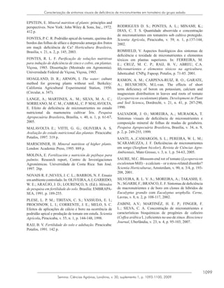 1099
Semina: Ciências Agrárias, Londrina, v. 30, suplemento 1, p. 1093-1100, 2009
Caracterização de sintomas visuais de deficiência de micronutrientes em tomateiro do grupo salada
EPSTEIN, E. Mineral nutrition of plants: principles and
perspectives. New York: John Wiley & Sons, Inc., 1972.
412 p.
FONTES, P. C. R. Podridão apical do tomate, queima dos
bordos das folhas de alface e depressão amarga dos frutos
em maçã: deficiência de Ca? Horticultura Brasileira,
Brasília, v. 21, n. 2, p. 145, 2003.
FONTES, R. L. F. Purificação de soluções nutritivas
para indução de deficiência de zinco e cobre, em plantas.
Viçosa, 1985. Dissertação (Mestrado em Agronomia).
Universidade Federal de Viçosa, Viçosa, 1985.
HOAGLAND, D. R.; ARNON, I. The water: culture
method for growing plants without soil. Berkeley:
California Agricultural Experimental Station, 1950.
(Circular, n. 347).
LANGE, A.; MARTINES, A.. M.; SILVA, M. A.. C.;
SORREANO, M. C. M.; CABRAL, C. P. MALAVOLTA,
E. Efeito de deficiência de micronutrientes no estado
nutricional da mamoneira cultivar Íris. Pesquisa
Agropecuária Brasileira, Brasília, v. 40, n. 1, p. 61-67,
2005.
MALAVOLTA E.; VITTI, G. G.; OLIVEIRA A. S.
Avaliação do estado nutricional das plantas. Piracicaba:
Potafos, 1997. 319 p.
MARSCHNER, H. Mineral nutrition of higher plants.
London: Academic Press, 1995. 889 p.
MOLINA, E. Fertilización y nutrición de pejibaye para
palmito. Research report, Centro de Investigaciones
Agronómicas. Universidade de Costa Rica: San José.
1997. 26p.
NOVAIS R. F.;NEVES, J. C. L.; BARROS, N. F. Ensaio
emambientecontrolado.In:OLIVEIRA,A.J,GARRIDO,
W. E.; ARAÚJO, J. D.; LOURENÇO, S. (Ed.). Métodos
de pesquisa em fertilidade do solo. Brasília: EMBRAPA-
SEA, 1991. p. 189-255.
PLESE, L. P. M.; TIRITAN, C. S.; YASSUDA, E. I.;
PROCHNOW, L. I.; CORRENTE, J. E.; MELO, S. C.
Efeitos de aplicações de cálcio e boro na ocorrência de
podridão apical e produção de tomate em estufa. Scientia
Agrícola, Piracicaba, v. 55, n. 1, p. 144-148, 1998.
RAIJ, B. V. Fertilidade do solo e adubação. Piracicaba:
Potafos, 1991. 142 p.
RODRIGUES D. S.; PONTES, A. L.; MINAMI, K.;
DIAS, C. T. S. Quantidade absorvida e concentração
de micronutrientes em tomateiro sob cultivo protegido.
Scientia Agrícola, Piracicaba, v. 59, n. 1, p.137-144,
2002.
ROMHELD, V. Aspectos fisiológicos dos sintomas de
deficiência e toxidade de micronutrientes e elementos
tóxicos em plantas superiores. In: FERREIRA, M.
E.; CRUZ, M. C. P.; RAIJ, B. V.; ABREU, C.A.
Micronutrientes e elementos tóxicos na agricultura.
Jaboticabal: CNPq; Fapesp; Potafos, p. 71-85. 2001.
RAMON, A. M.; CARPENA-RUIZ, R. O.; GARATE,
A.; BEUSICHEN, M.L-van. The effects of short
term deficiency of boron on potassium, calcium and
magnesium distribuition in leaves and roots of tomato
(Lycopersicon esculentum) plants. Development in Plant
and Soil Science, Dordrecht, v. 21, n. 41, p. 287-290,
1990.
SALVADOR, J. O.; MOREIRA, A..; MURAOKA, T.
Sintomas visuais de deficiência de micronutrientes e
composição mineral de folhas de mudas de goiabeira.
Pesquisa Agropecuária Brasileira, Brasília, v. 34, n. 9,
p. 2, p. 249-255, 1999.
SANTI, A..;CAMARGOS, S. L.; PEREIRA, W. L. M.;
SCARAMUZZA, J. F. Deficiências de micronutrientes
em sorgo (Sorghum bicolor). Revista de Ciências Agro-
Ambientais, Mato Grosso, v. 3, n. 1, p. 54-63, 2005.
SAURE, M.C. Blossom-end rot of tomato (Lycopersicon
esculentum Mill) – a calcium – or a stess-related disorder?
Scientia Horticulturae, Amsterdam, v. 90, n. 3/4, p. 193-
208, 2001.
SILVEIRA, R. L. V. A.; MOREIRA, A.; TAKASHI, E.
N.; SGARBI, F.; BRANCO, E. F. Sintomas de deficiência
de macronutrientes e de boro em clones de híbridos de
Eucalyptus grandis com Eucalyptus urophylla. Cerne,
Lavras, v. 8, n. 2, p. 108-117, 2002.
ZABINI, A.V.; MARTINÉZ, H. E. P.; FINGER, F.
L.; SILVA, C. A. Concentração de micronutrientes e
características bioquímicas de progênies de cafeeiro
(Coffea arábica L.) eficientes no uso de zinco. Bioscience
Journal, Uberlândia, v. 23, n. 4, p. 95-103, 2007.
 